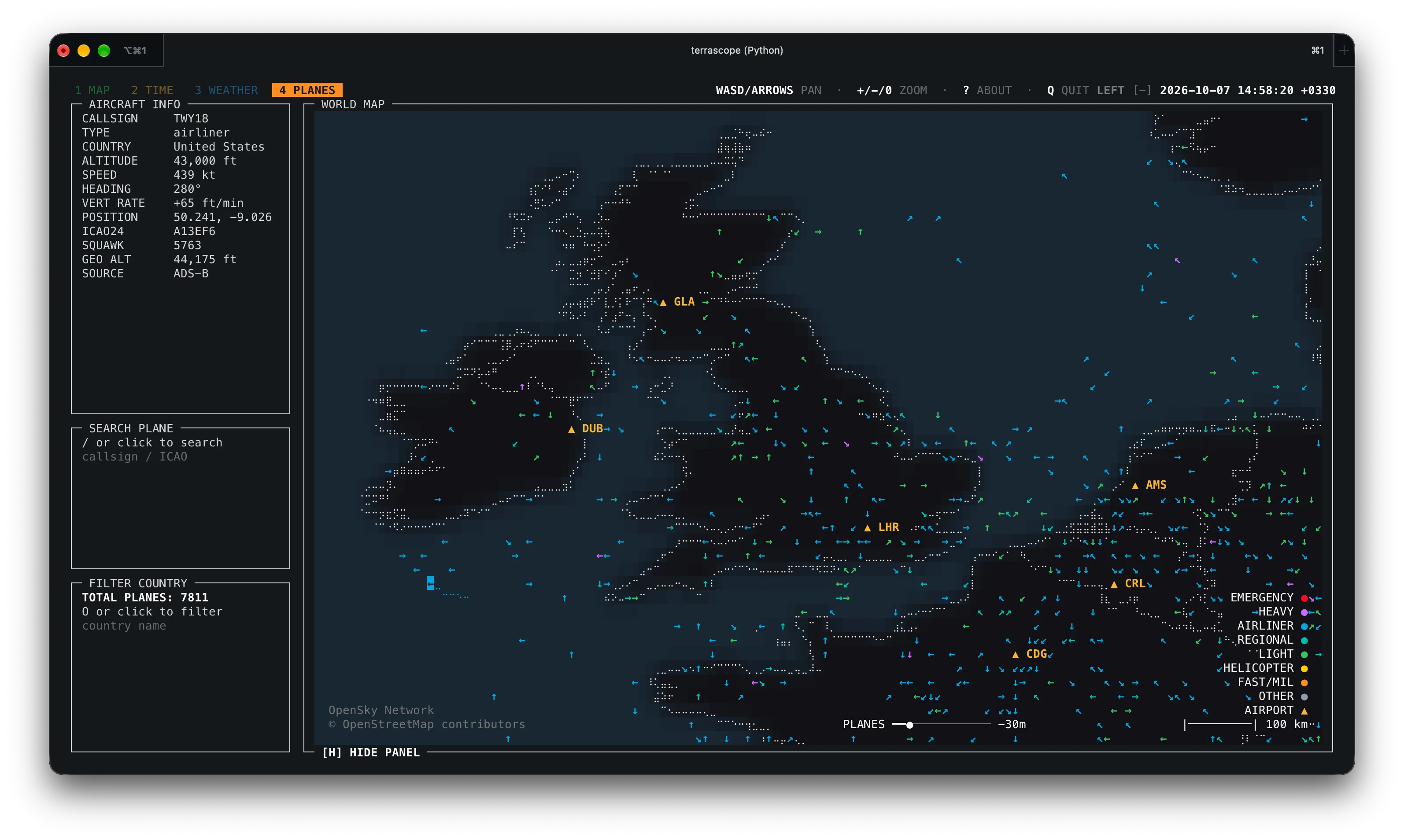 Terrascope PLANES tab close-up over the United Kingdom with live aircraft and airport markers