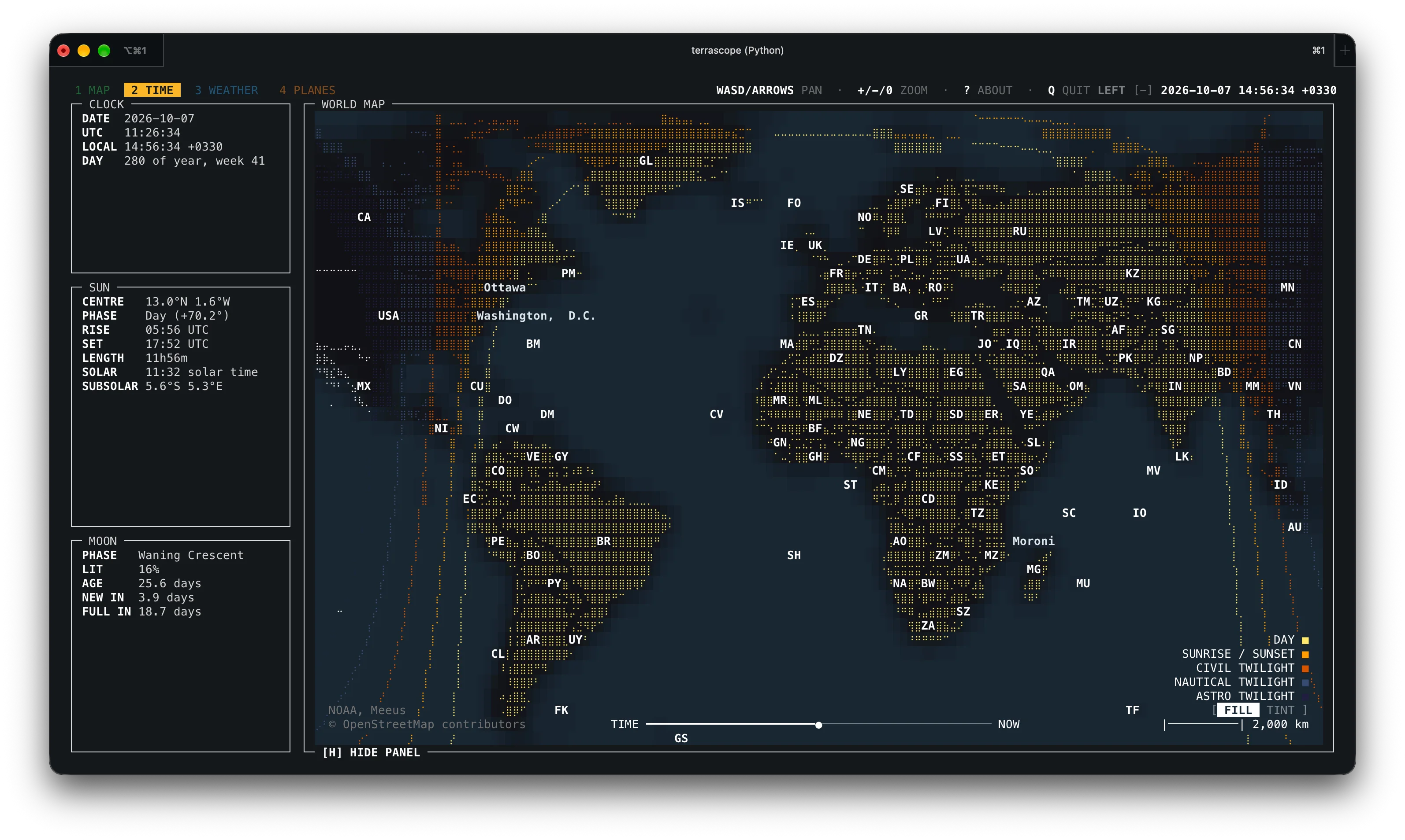 Terrascope TIME tab with day and night fill shading across the globe