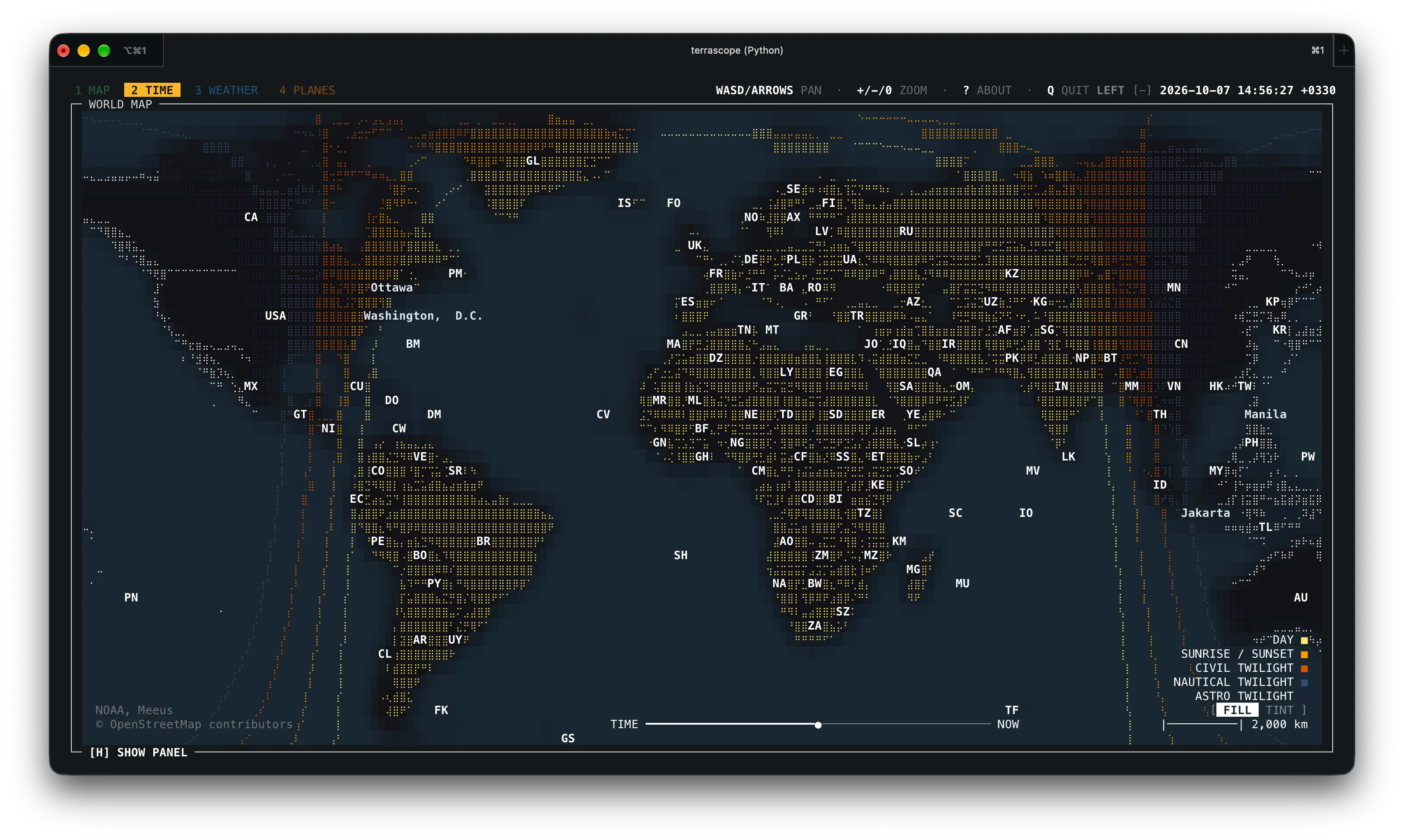 Terrascope TIME tab in full-screen map mode with the side panel hidden