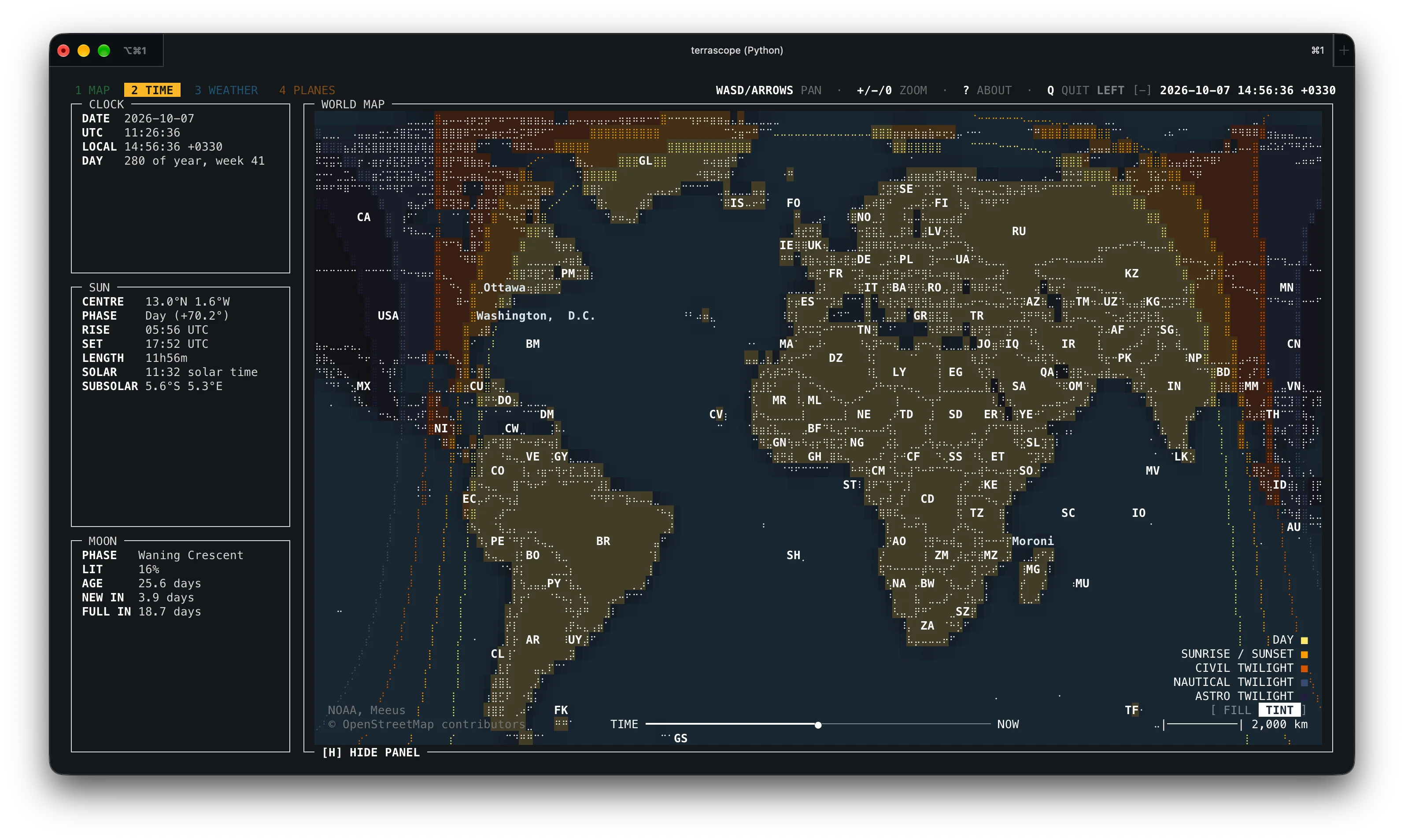 Terrascope TIME tab with day and night tint shading mode
