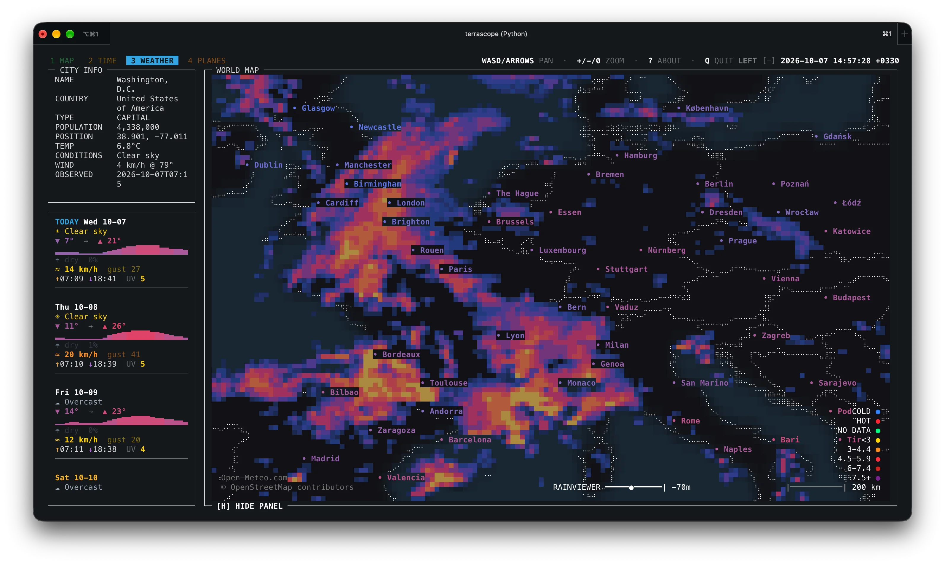 Terrascope WEATHER tab close-up of Europe with RainViewer radar overlay