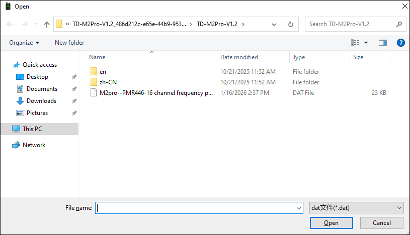 TD-M2Pro CPS Open dialog showing M2pro PMR446 16 channel frequency DAT file in installer folder