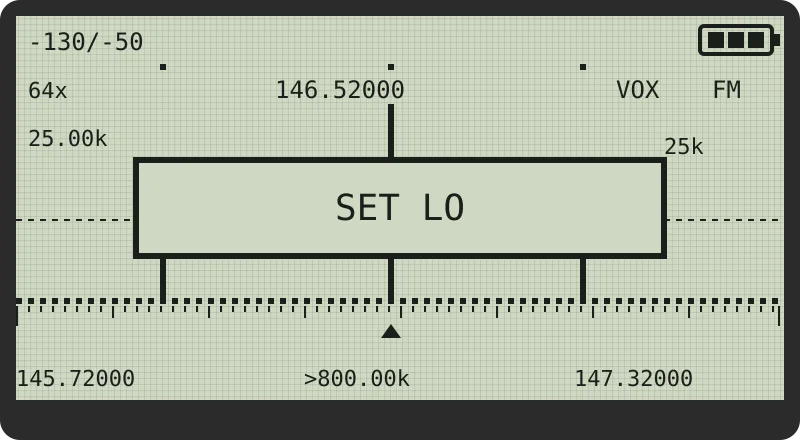 Vuurwerk PATROL step 1 setting range with SET LO and SET HI on UV-K5 spectrum display