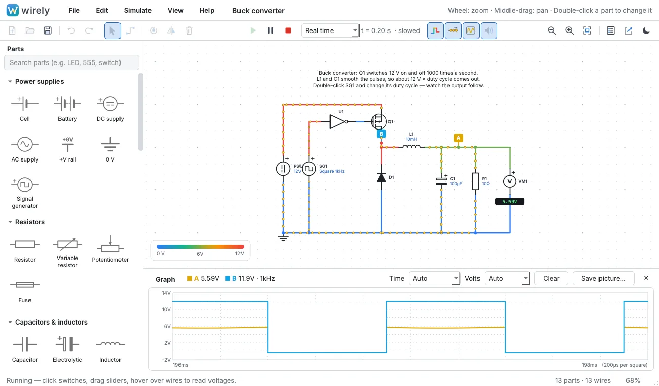 Wirely buck converter simulation with 12V input and graph showing about 5.7V output
