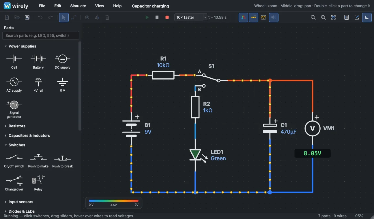 Wirely dark theme schematic editor for low light bench work