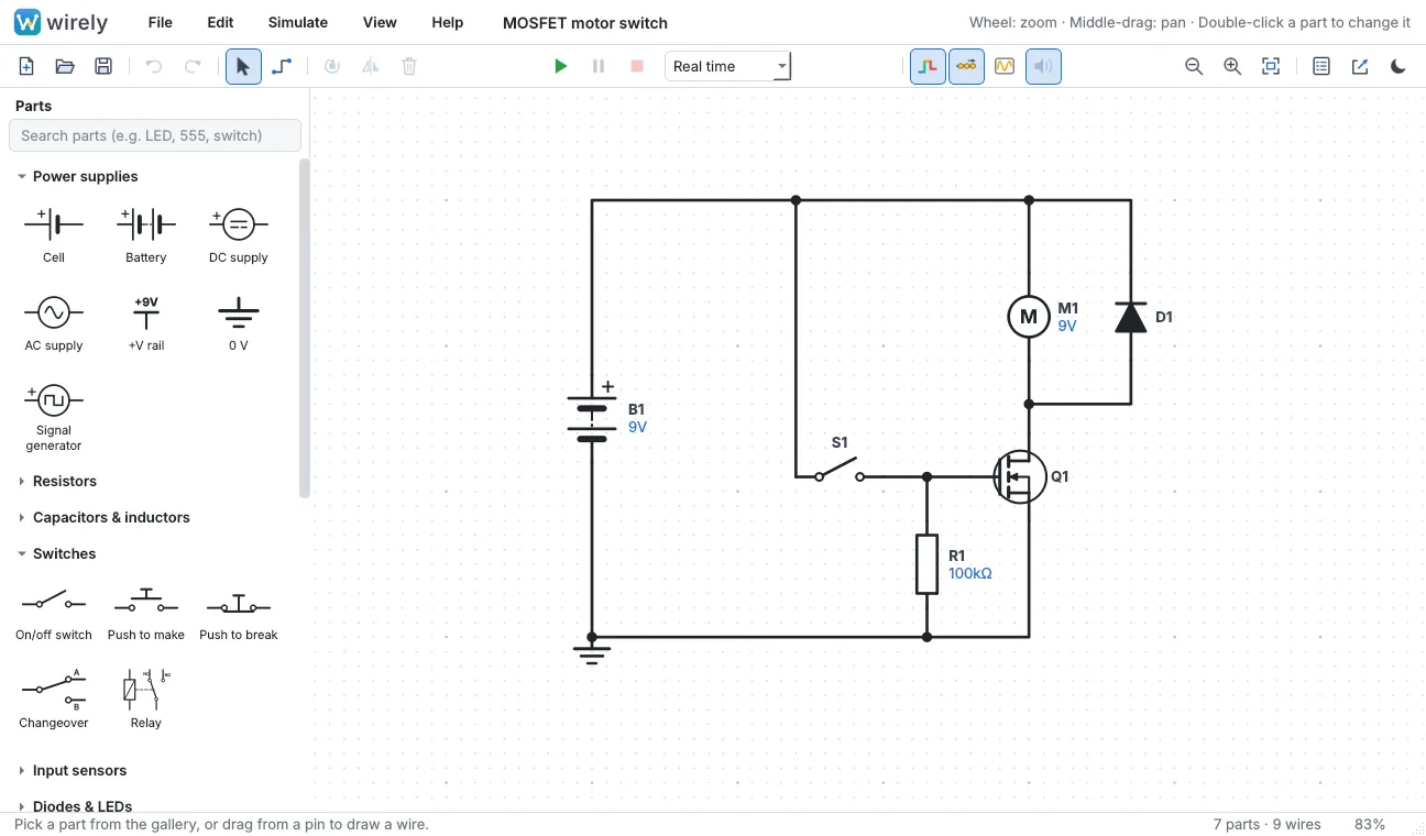 Wirely schematic editor with parts gallery, search and drag and drop wiring