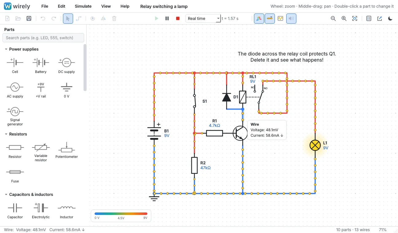 Wirely hover reading showing voltage and current on a wire while simulation runs